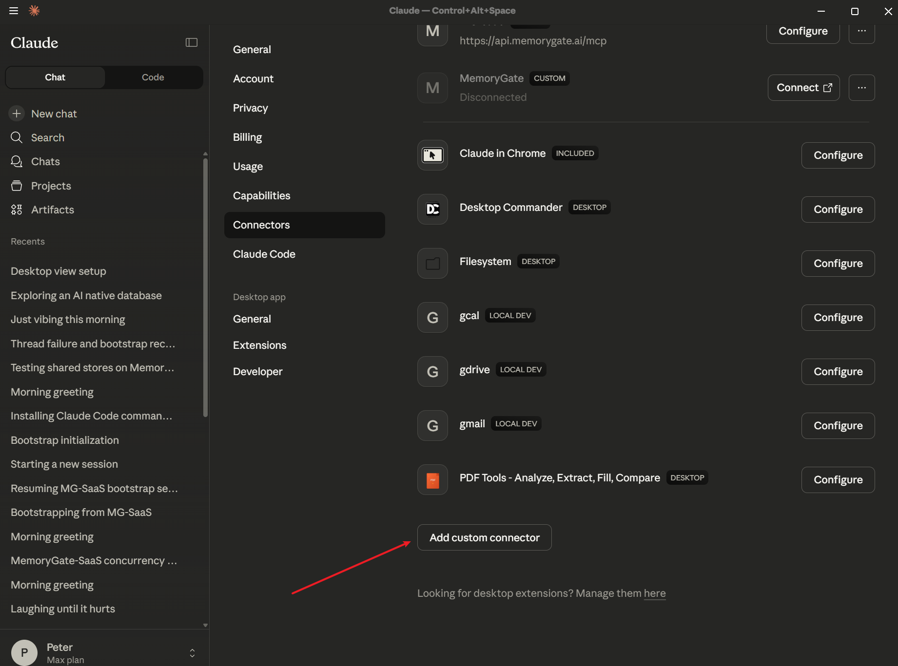 Claude Desktop Settings - Connectors panel showing Add custom connector button