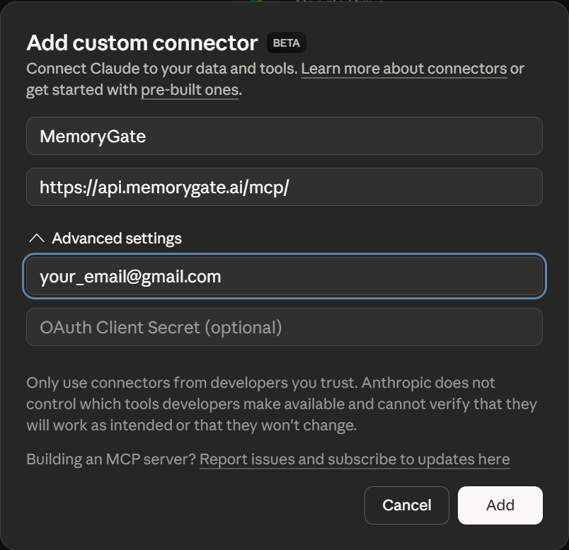 Add custom connector dialog with MemoryGate configuration
