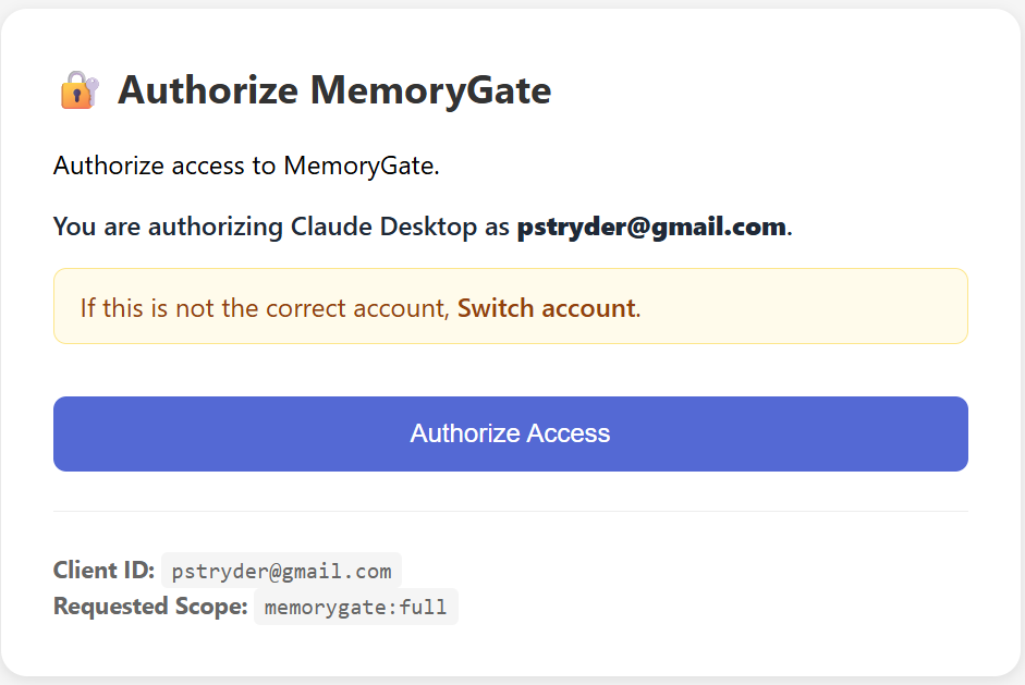MemoryGate OAuth authorization page