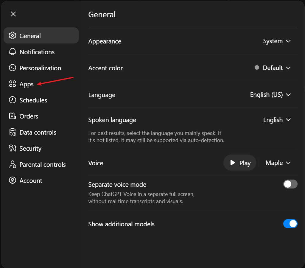 ChatGPT Settings with Apps menu highlighted
