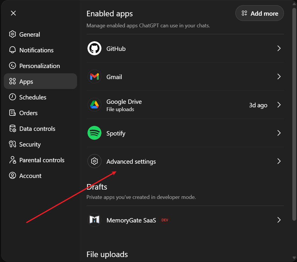 ChatGPT Apps panel showing Advanced settings option
