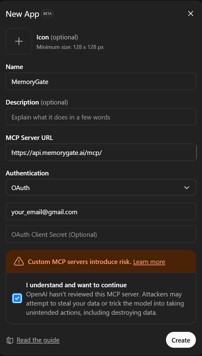 New App form with MemoryGate configuration