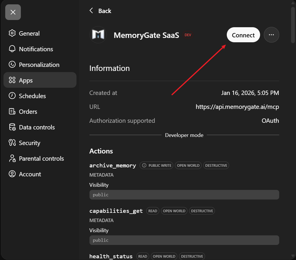 MemoryGate app details page with Connect button