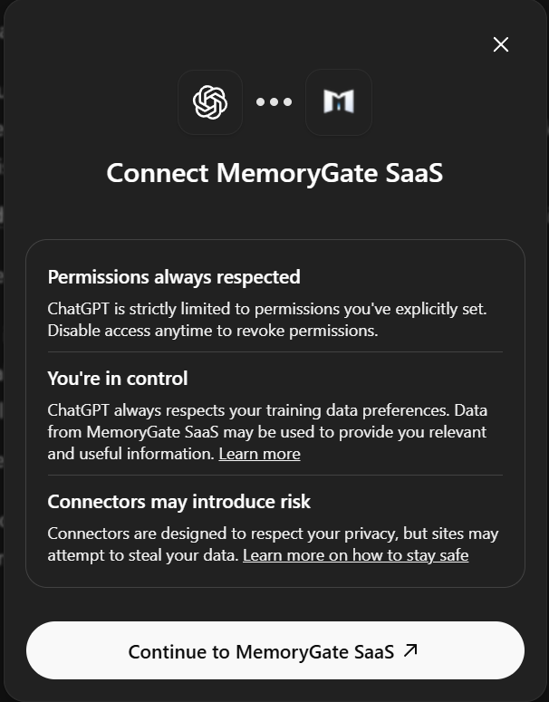 ChatGPT connection confirmation dialog