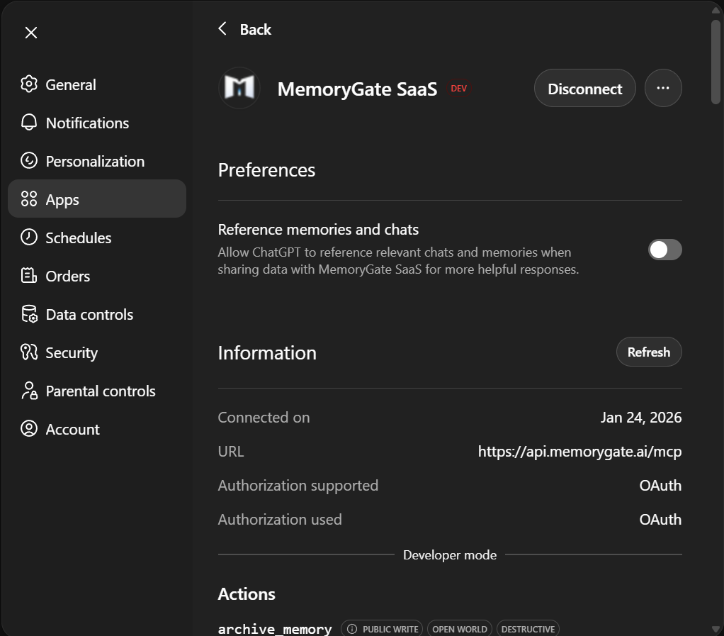 MemoryGate connected state showing preferences and connection info